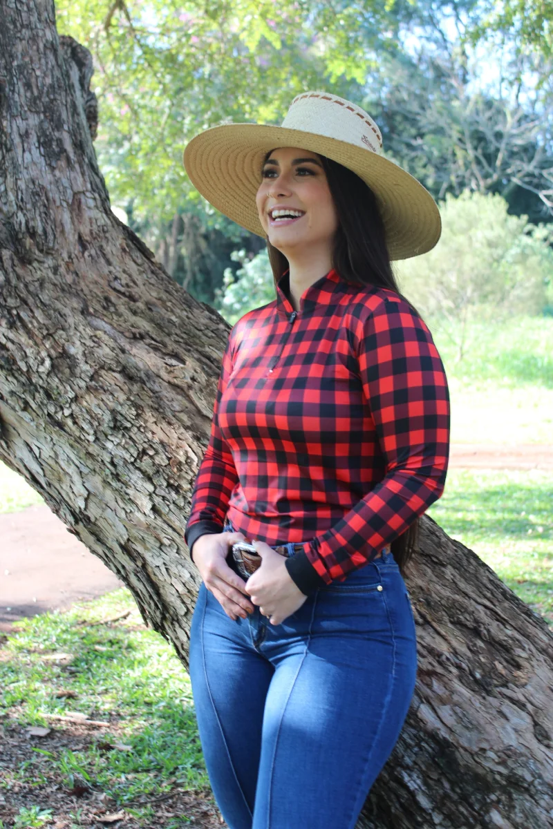 Camisa Unissex Xadrez Vermelha - Com proteção solar Uv50+ - Imagem 4